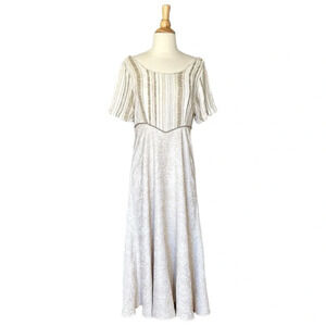 Vintage 90s Handmade MIDI Dress Empire Waist Fall Neutral Jacquard